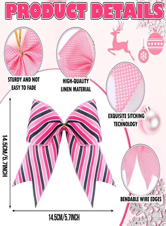 Suncalla 12pcs Christmas Bow Ornaments 5.9 Inch Large Bow for Christmas Pink Mouse Theme Decoration for Xmas Tree Wreath, Garland, Gift Wrapping Tree Black and Pink Dot Stripe Ribbon for Holiday Party - Image 2